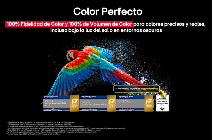 Colorful parrot in ultra-high definition against a black background. Water drops are suspended in the air all around it. The image showcases Perfect Color as each different hue on the parrot's body is vibrant and vivid. The dark background with the detailed water splashes also highlights how the screen is reflection-free. Different logo certifications from UL and Intertek are visible. These refer to its 100% Color Fidelity, 100% Color Volume, and reflection-free claim. Text is also visible, check the Perfect Color certification mark.