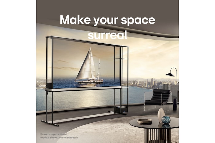 Living room of a penthouse apartment with an LG Signature OLED T by the floor-to-ceiling panoramic window. Outside is a beautiful view of a cityscape by a body of water. On the TV screen is a yacht, but because the TV is in transparent mode, the yacht looks like it's floating in the actual water outside.