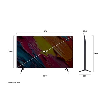 Front view and side view of LG QNED AI QNED70 4K Smart TV showing its length, width, height, and depth dimensions.