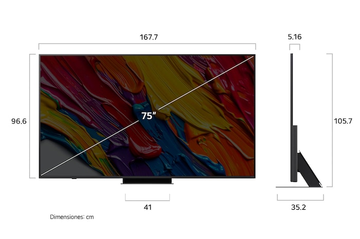 Vista de frente y lateral de la Smart TV LG QNED83 AI 4K en la que se ven sus dimensiones de longitud, ancho, altura y profundidad.