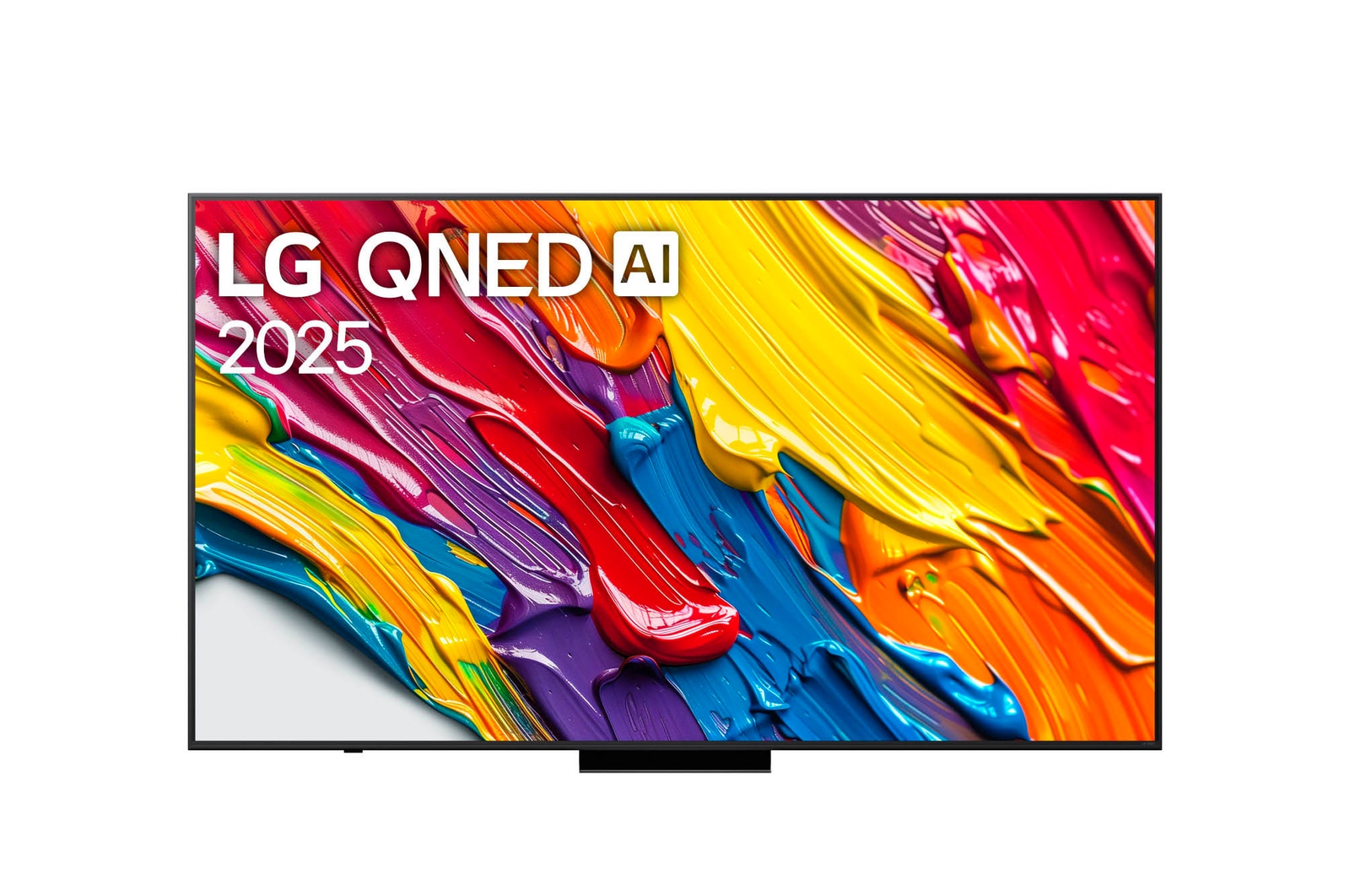 Vista de frente del televisor LG QNED83 TV, logotipo de LG QNED Al en la esquina superior. La LG QNED TV muestra coloridas texturas como la pintura que se combinan.