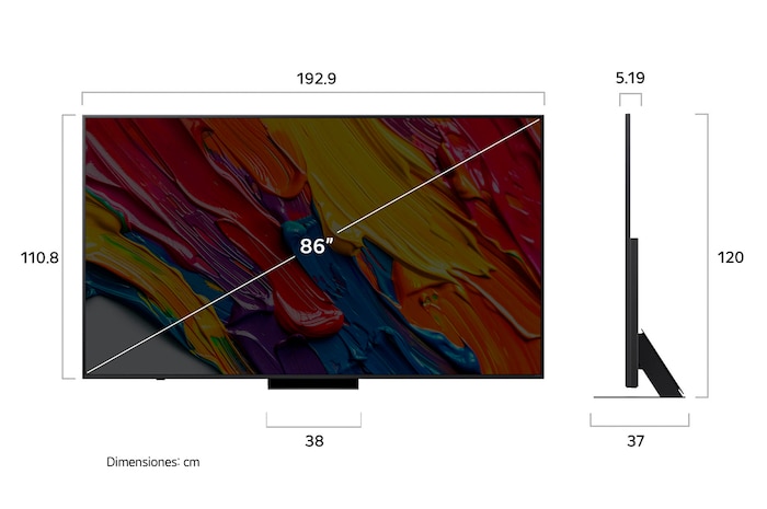 Vista de frente y lateral de la Smart TV LG QNED83 AI 4K en la que se ven sus dimensiones de longitud, ancho, altura y profundidad.
