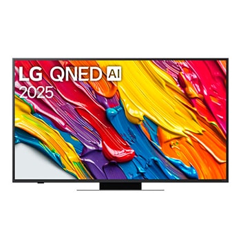 Vista de frente del televisor LG QNED83 TV, logotipo de LG QNED Al en la esquina superior. La LG QNED TV muestra coloridas texturas como la pintura que se combinan.