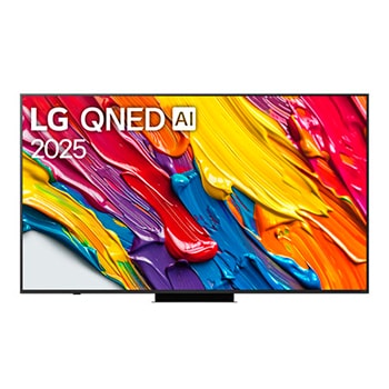 Vista de frente del televisor LG QNED83 TV, logotipo de LG QNED Al en la esquina superior. La LG QNED TV muestra coloridas texturas como la pintura que se combinan.