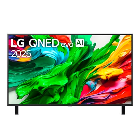 Vista de frente del TV LG QNED evo QNED85, logo de LG QNED evo Al en la esquina superior. El TV LG QNED evo QNED85 muestra texturas coloridas como una pintura que se combinan.