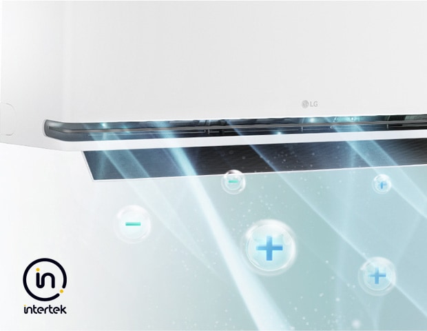 Aire acondicionado de pared blanco con función de ionizador y logotipos de TÜV Rheinland e Intertek. 