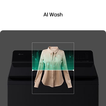 Beige blouse with digital overlay on LG washer, representing AI Wash fabric detection.