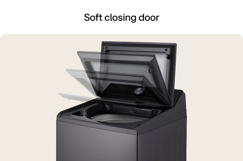 Top loading washing machine with lid in motion, showing soft closing door function.