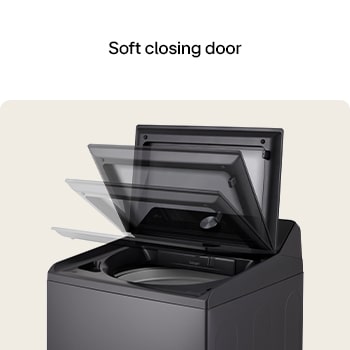 Top loading washing machine with lid in motion, showing soft closing door function.
