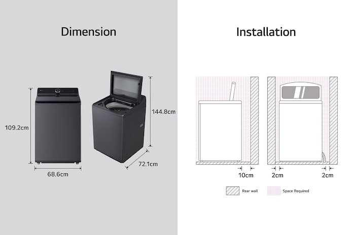 image for dimension and installation of LG Top Loading Washing Machine