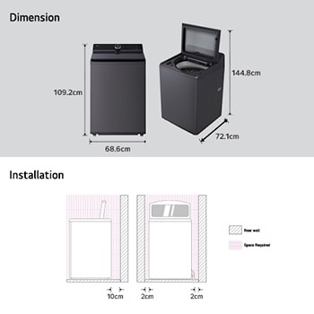 image for dimension and installation of LG Top Loading Washing Machine