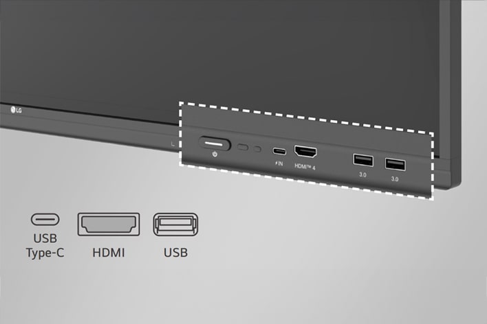 El LG CreateBoard tiene puertos en la parte frontal, como USB y HDMI.