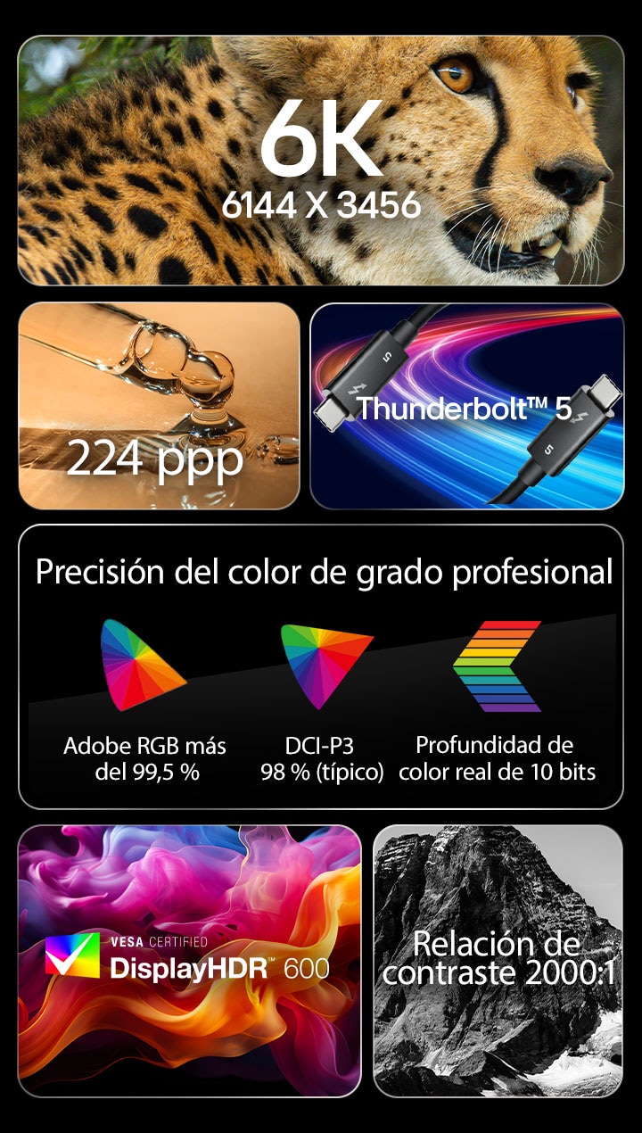 6 imágenes diferentes con texto que implica las características clave de UltraFine