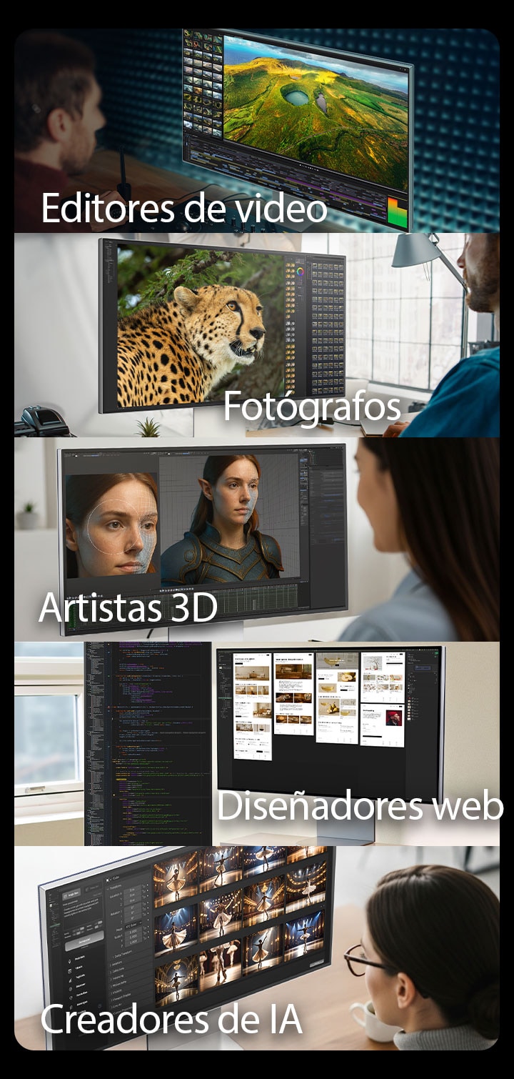 5 imágenes que muestran a varios trabajadores creativos trabajando en monitores UltraFine utilizando varias herramientas.