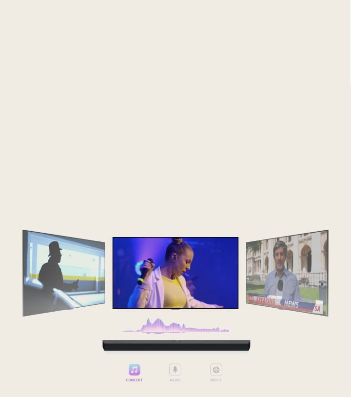 Un cantante está actuando en el televisor. Una soundbar con ondas de sonido virtuales está colocada bajo el televisor.