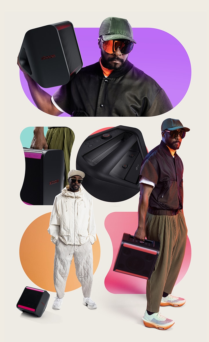 En la parte superior, will.i.am, con un traje negro, sostiene el xboom Stage 301 sobre su hombro. En el medio, la imagen parcial del xboom Stage 301 sostenida por una mano permanece a la izquierda, mientras que la imagen en primer plano del asa permanece a la derecha. En la parte inferior izquierda, will.i.am, con un traje blanco, está de pie junto al xboom Stage 301 en el suelo. En la parte inferior derecha, will.i.am sostiene el xboom Stage 301 con su mano derecha.
