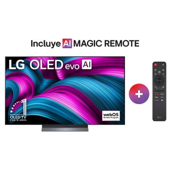 Vista de frente de la Smart TV LG OLED AI C5E 4K. El emblema de OLED de ser el n.º 1 del mundo durante 12 años y el logotipo de LG OLED AI 2025 aparecen en la pantalla.