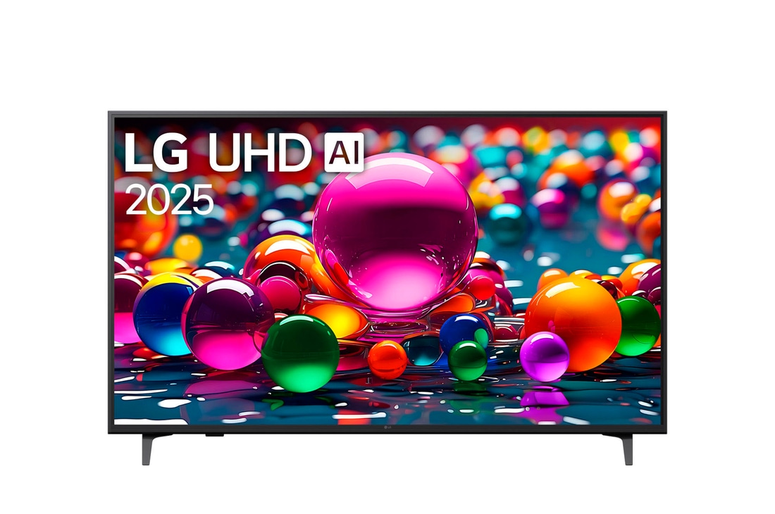 Vista de frente de la UHD UA75 TV, logotipo de LG UHD Al en la esquina superior. En la LG UHD TV se muestran coloridas texturas como de pinturas que se combinan.