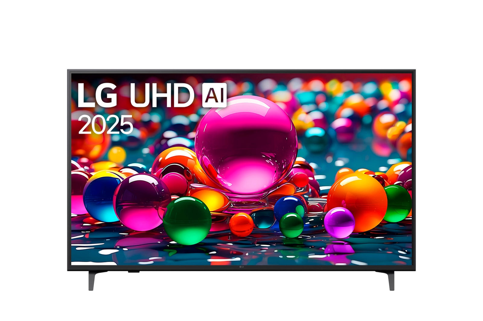 Vista de frente de la UHD UA75 TV, logotipo de LG UHD Al en la esquina superior. En la LG UHD TV se muestran coloridas texturas como de pinturas que se combinan.