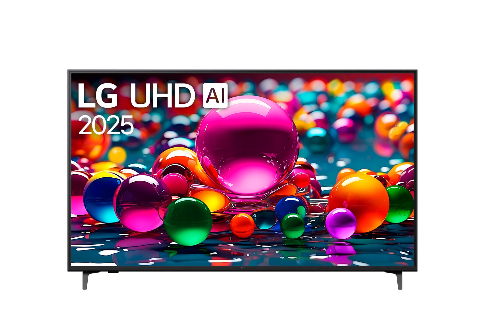 Vista de frente de la UHD UA75 TV, logotipo de LG UHD Al en la esquina superior. En la LG UHD TV se muestran coloridas texturas como de pinturas que se combinan.