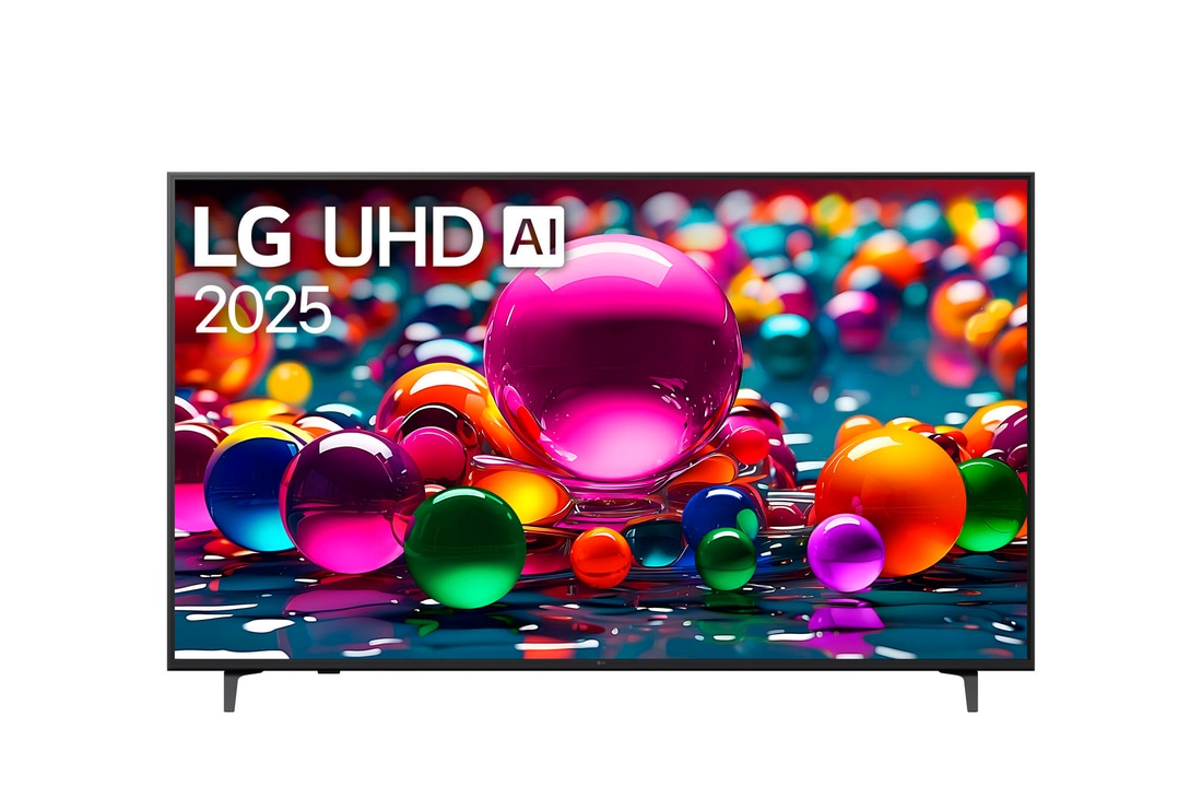 Vista de frente de la UHD UA75 TV, logotipo de LG UHD Al en la esquina superior. En la LG UHD TV se muestran coloridas texturas como de pinturas que se combinan.