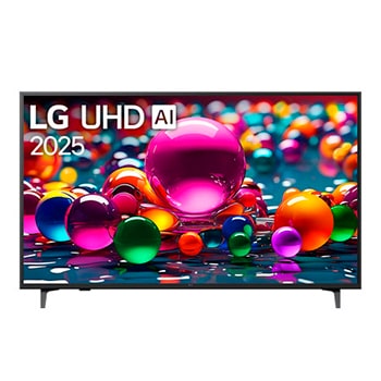 Vista de frente de la UHD UA75 TV, logotipo de LG UHD Al en la esquina superior. En la LG UHD TV se muestran coloridas texturas como de pinturas que se combinan.