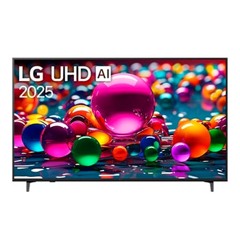 Vista de frente de la UHD UA75 TV, logotipo de LG UHD Al en la esquina superior. En la LG UHD TV se muestran coloridas texturas como de pinturas que se combinan.