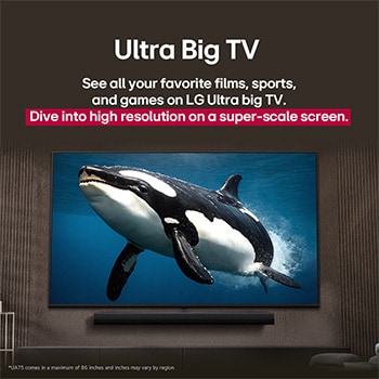 LG TV with an impressively large screen mounted on a wall above a LG Soundbar in a modern style living room.