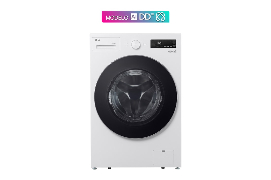 Vista frontal de Lavasecadora LG Carga Frontal AI DD™ (Inteligencia Artificial) con Diseño Slim - Capacidad 16 kg / 8kg - Color Blanco, WD16EWNTS6P