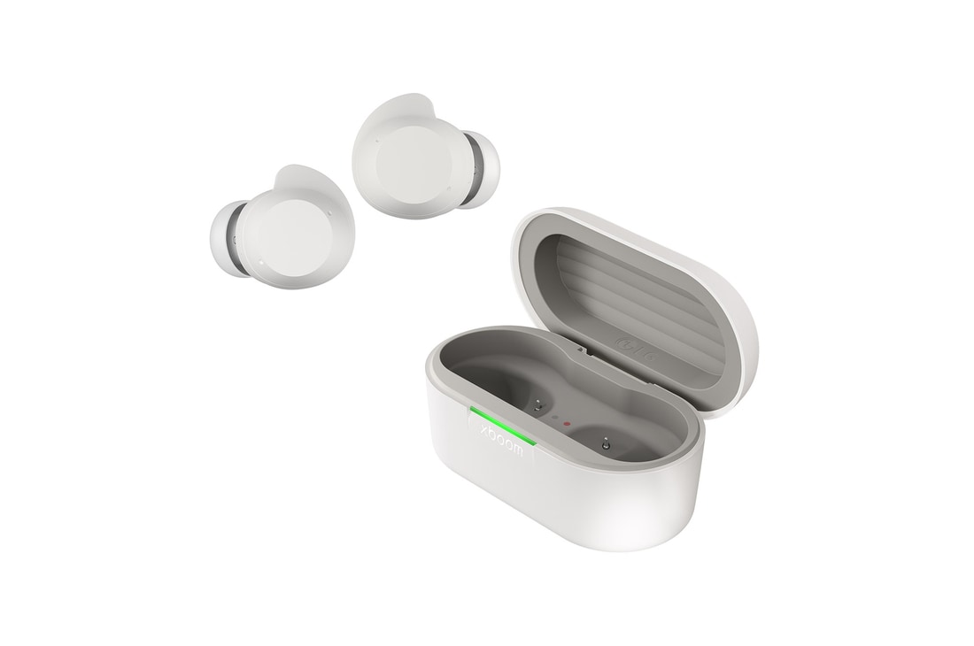 Vista frontal de la LG xboom Buds by will.i.am | Audífonos Bluetooth | xboom Signature Sound con driver de grafeno | Color Blanco