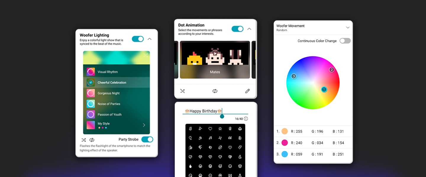 Captura de pantalla de la aplicación XBOOM. Puedes personalizar la iluminación a través de la aplicación.