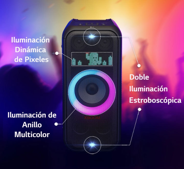 Vista frontal del altavoz. Hay una línea que indica cada parte de la iluminación. En la parte superior e inferior, iluminación estroboscópica doble. En el medio, se enciende una iluminación de anillo multicolor con degradado rosa y cian.