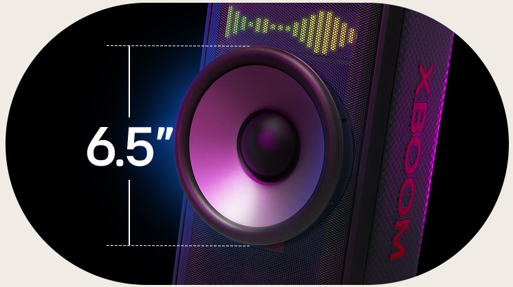 Primer plano de un woofer gigante de 6.5 pulgadas. A la izquierda, está escrito 6.5", en la parte superior del altavoz, se muestra un ecualizador de sonido.