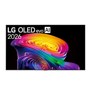 La vista frontal de la LG OLED evo AI C6, lanzada en 2026, presenta un bisel negro delgado, con un vívido y esculpido remolino de tonos arcoíris en capas que fluyen por la pantalla.