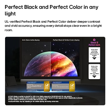 La LG OLED evo AI C6 muestra una escena de planetas y estrellas en modo de pantalla dividida, comparando una pantalla mate anti-glare con su pantalla Negro perfecto y Color perfecto para obtener una calidad de imagen más nítida con cualquier tipo de iluminación, respaldada por la certificación UL y las certificaciones Intertek para el volumen y la fidelidad del color.