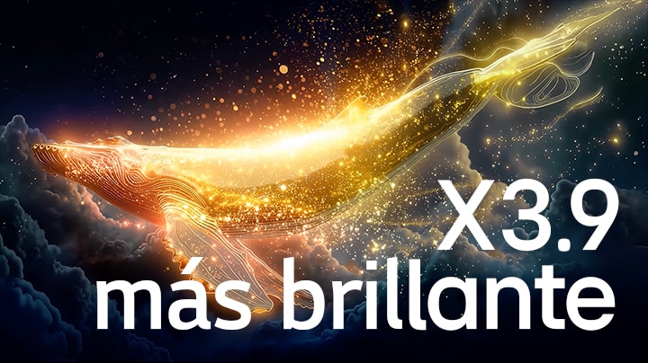 LG OLED evo AI G6 with Brightness Booster Ultra shows a dark scene where glowing particles surrounding a whale silhouette, delivering up to 3.9x brighter peak brightness with higher luminance and clearer detail.