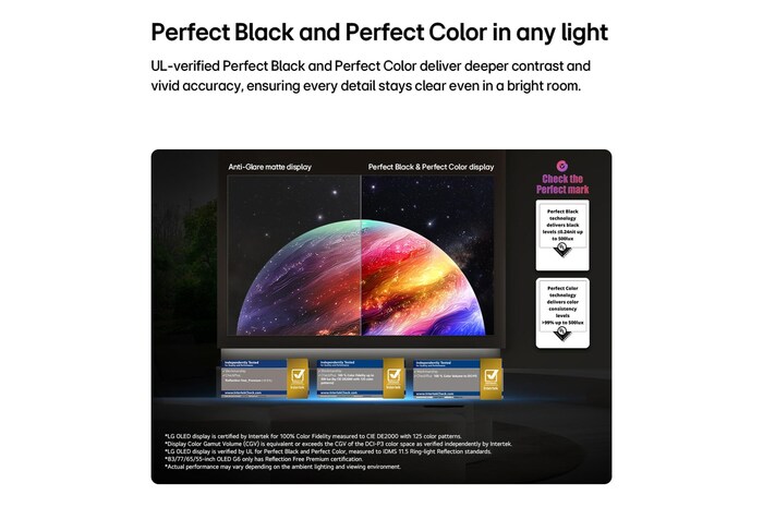 LG OLED evo AI G6 shows a split-screen planet-and-stars scene, comparing an anti-glare matte display with its Perfect Black & Perfect Color display for clearer picture quality in any light, supported by UL certification and Intertek certifications for color accuracy and Reflection-Free.