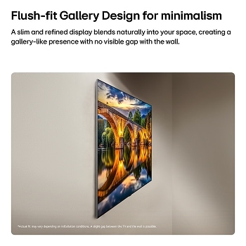 LG OLED evo AI G6, shown from the side, highlights its Flush Fit Gallery Design with a zero-gap wall-mounted installation, displaying a night scene of a lit bridge with reflections on water.