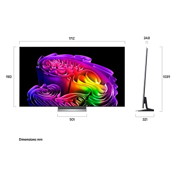 LG OLED evo AI G6 shown in front and side views highlights an 83-inch display with a 1847 mm-wide screen, 1057 mm screen height, 1115 mm height with stand, a 28 mm depth, and a stand footprint measuring 501 by 321 mm.