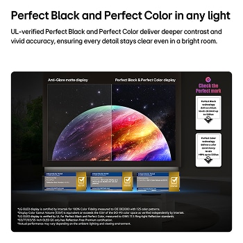 LG OLED evo AI G6 shows a split-screen planet-and-stars scene, comparing an anti-glare matte display with its Perfect Black & Perfect Color display for clearer picture quality in any light, supported by UL certification and Intertek certifications for color accuracy and Reflection-Free.
