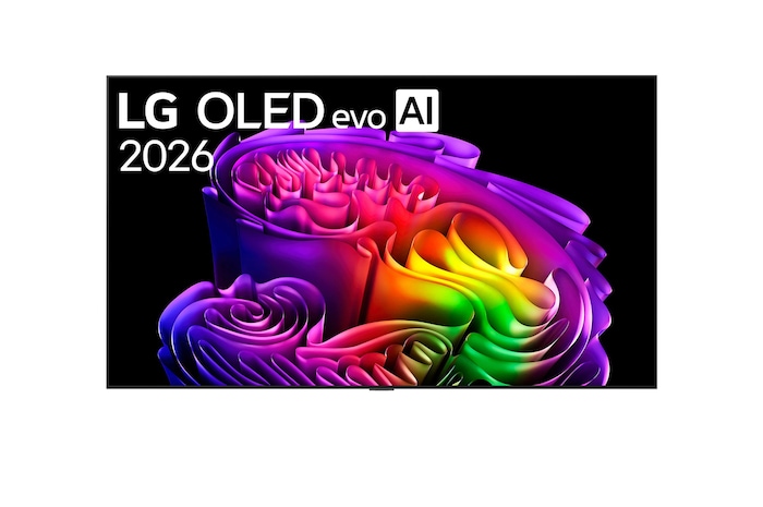The front view of LG OLED evo AI G6, released in 2026, features a slim black bezel, with a vivid, sculptural image of richly layered, multicolored forms filling the screen.