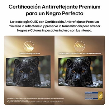 LG OLED evo AI G6 with Reflection Free Premium shows a side-by-side comparison against an anti-glare matte display, keeping the black jaguar image clear with deep blacks and fine texture, especially in bright environments, with an Intertek certification mark shown.