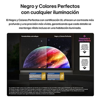 LG OLED evo AI G6 shows a split-screen planet-and-stars scene, comparing an anti-glare matte display with its Perfect Black & Perfect Color display for clearer picture quality in any light, supported by UL certification and Intertek certifications for color accuracy and Reflection-Free.