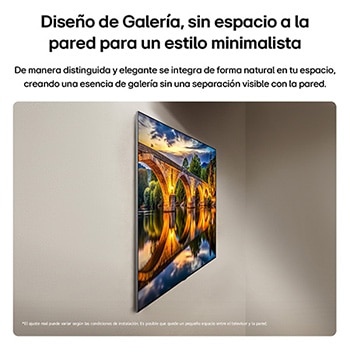 LG OLED evo AI G6, shown from the side, highlights its Flush Fit Gallery Design with a zero-gap wall-mounted installation, displaying a night scene of a lit bridge with reflections on water.