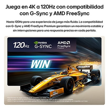 LG OLED evo AI G6 for Unbeatable Gameplay in 4K 165Hz shows a high-speed racing game with a yellow open-wheel car in motion, bold “WIN” text on screen, and NVIDIA G-SYNC and AMD FreeSync Premium logos at the top.