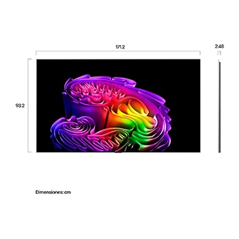 LG OLED evo AI G6 shown in front and side views highlights an 83-inch display with a 1847 mm-wide screen, 1057 mm screen height, 1115 mm height with stand, a 28 mm depth, and a stand footprint measuring 501 by 321 mm.