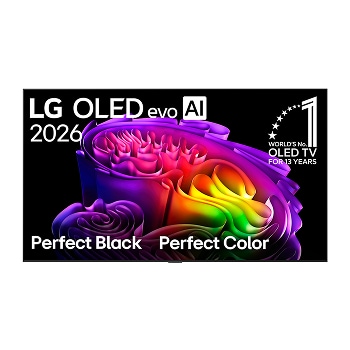 The front view of the LG OLED evo AI G6, released in 2026, displays an image of layered, multicolored forms, featuring Hyper Radiant Color Tech, Perfect Black & Perfect Color, along with the World’s No.1 OLED TV for 13 Years badge.