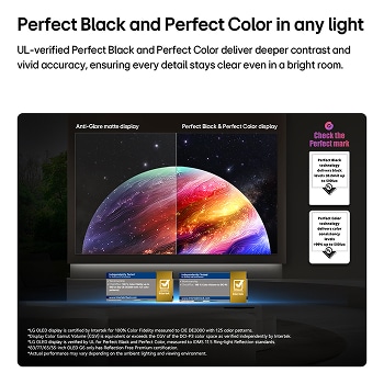 LG OLED evo AI G6 shows a split-screen planet-and-stars scene, comparing an anti-glare matte display with its Perfect Black & Perfect Color display for clearer picture quality in any light, supported by UL certification and Intertek certifications for color volume and color fidelity.