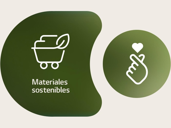 A la izquierda se muestra el icono de materiales sostenibles de LG con su nombre escrito debajo. A la derecha se muestra el icono ESG con un dedo en forma de corazón.