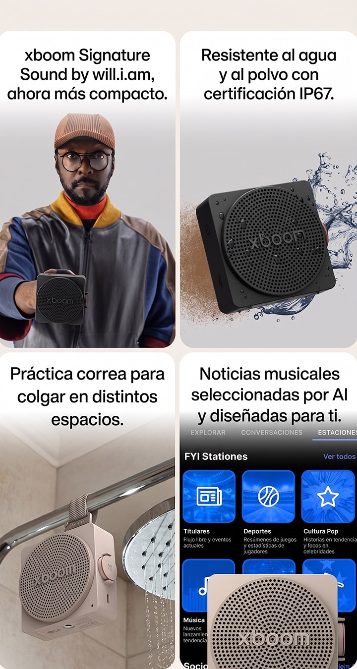 1) LG xboom mini compact portable bluetooth speaker with signature sound by will.i.am 2) LG xboom mini bluetooth hangable speakers, with a convenient strap for easy hanging in any space 3) LG xboom mini bluetooth speaker with IP67 waterproof and dustproof protection for daily use 4) LG xboom mini connected to a smartphone, showing an AI-curated interface with personalized music and news